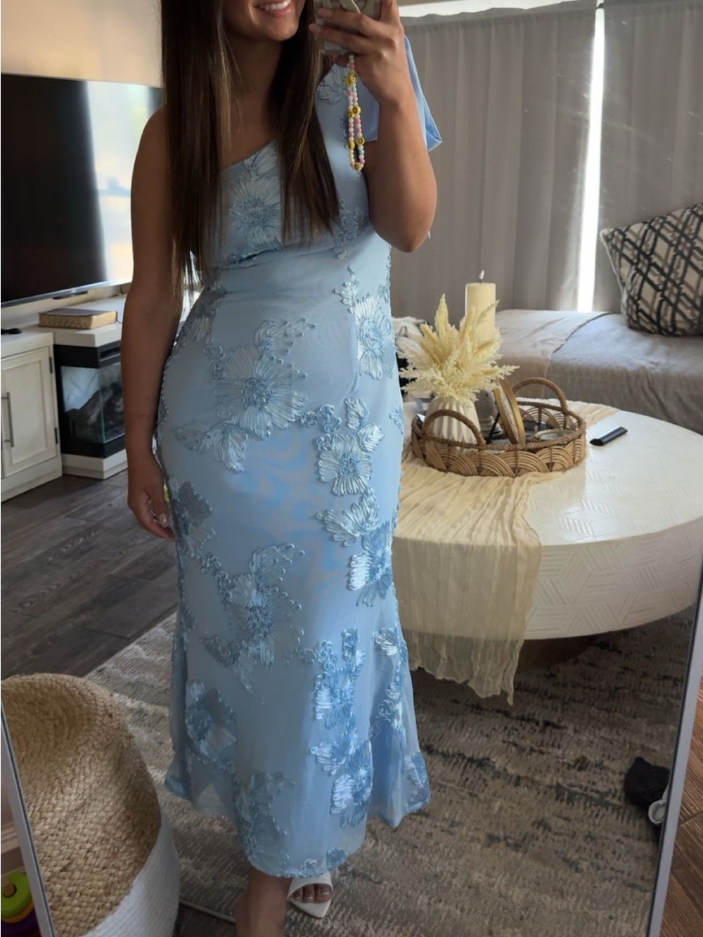 Sky Blue One-Shoulder Floral Appliqué Dress